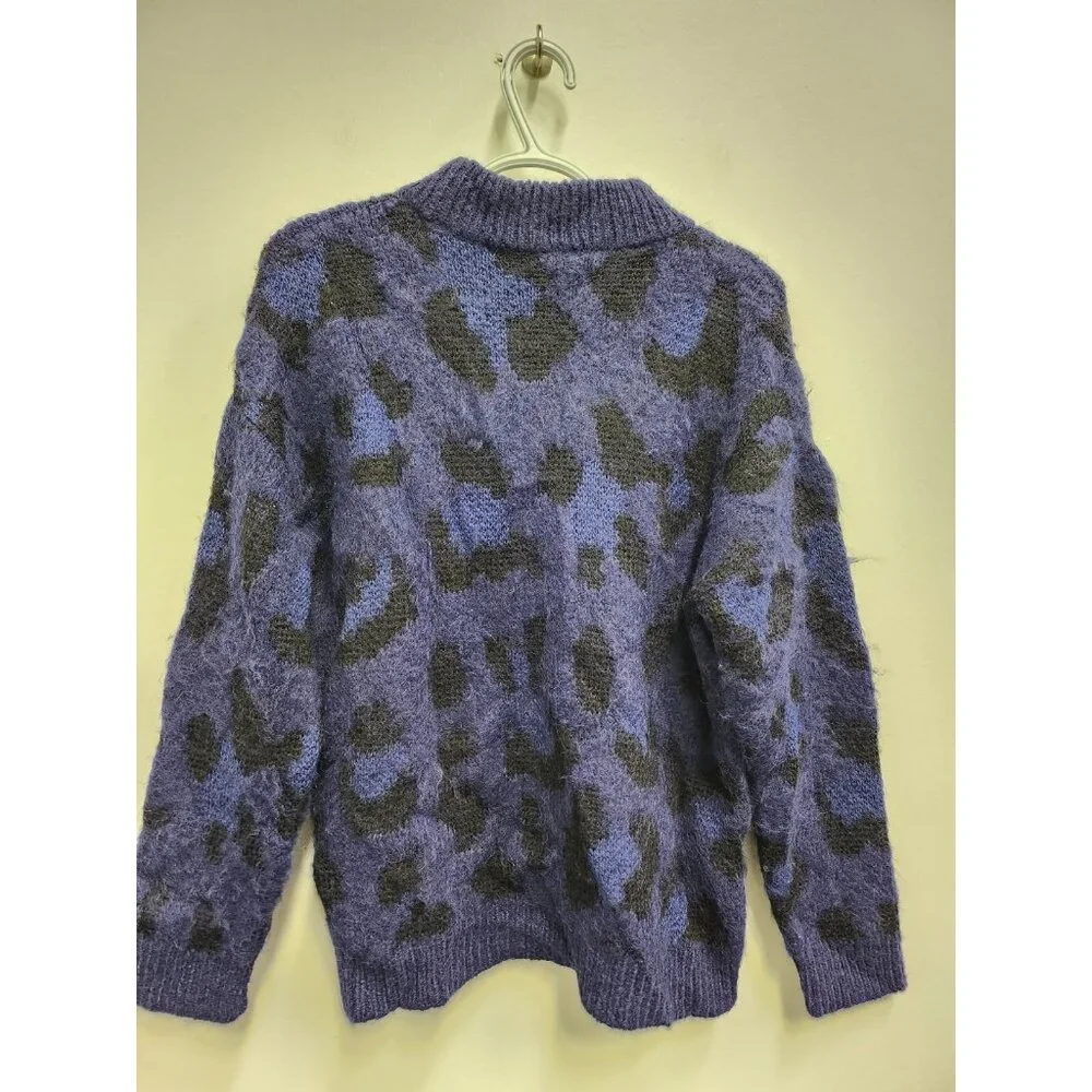 Kate Spade Womens‎ Sweater Medium Blue Black Leopard Alpaca Wool Thick Pullover